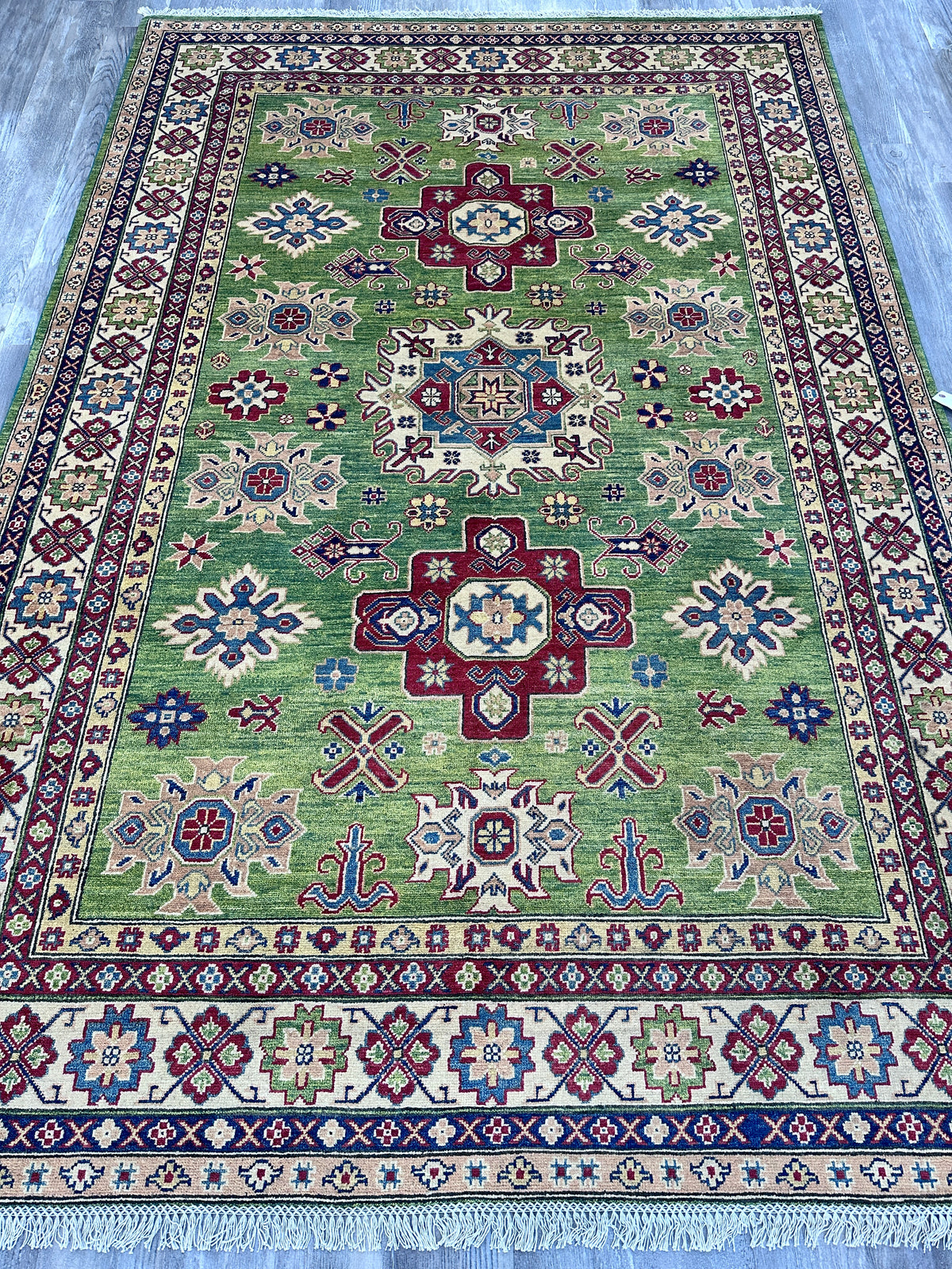 Afghan Kazak Rug 6'7" x 9'9", Hand-Knotted Wool, Cream & Green, view 3