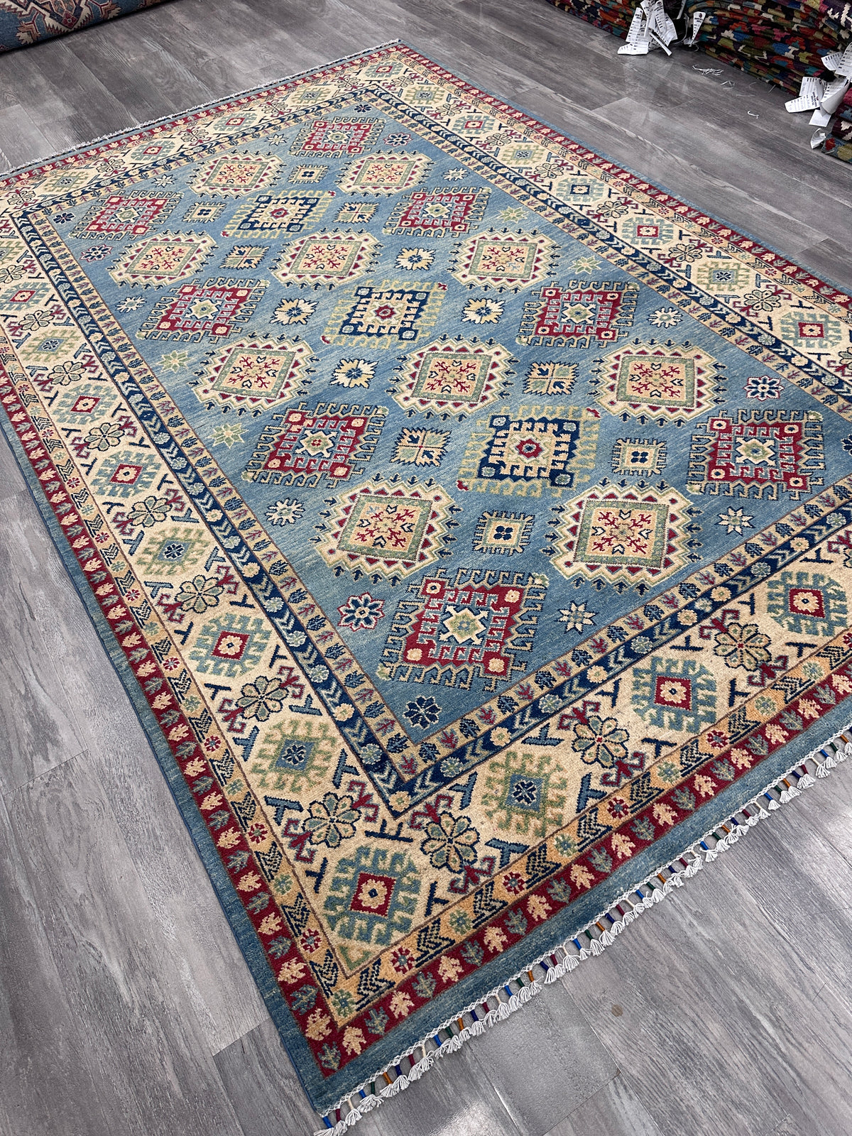 Afghan Kazak Rug 7x10, Light Blue, Ivory & Red, Hand-Knotted Wool, view 5