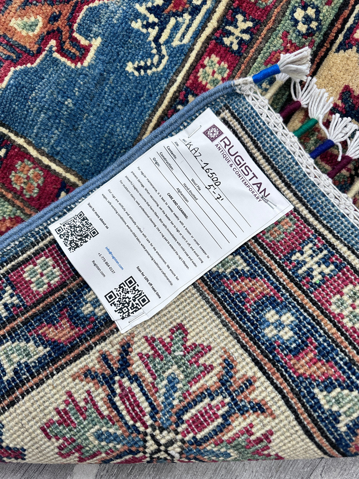 Afghan Kazak Rug 5' x 7', Hand-Knotted Wool, Blue & Red, view 6