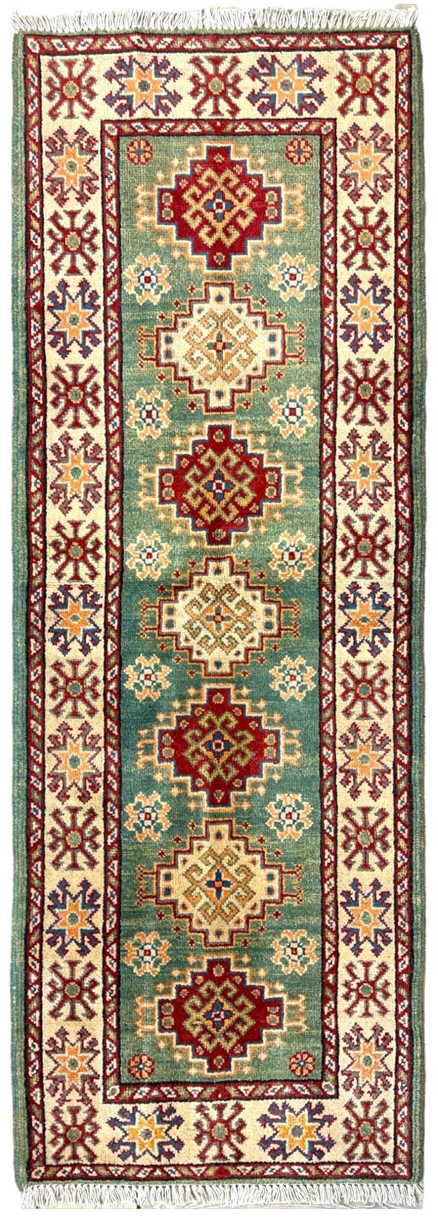 Afghan Super Kazak Runner 2'2" x 6', Hand-Knotted Wool, Beige & Green