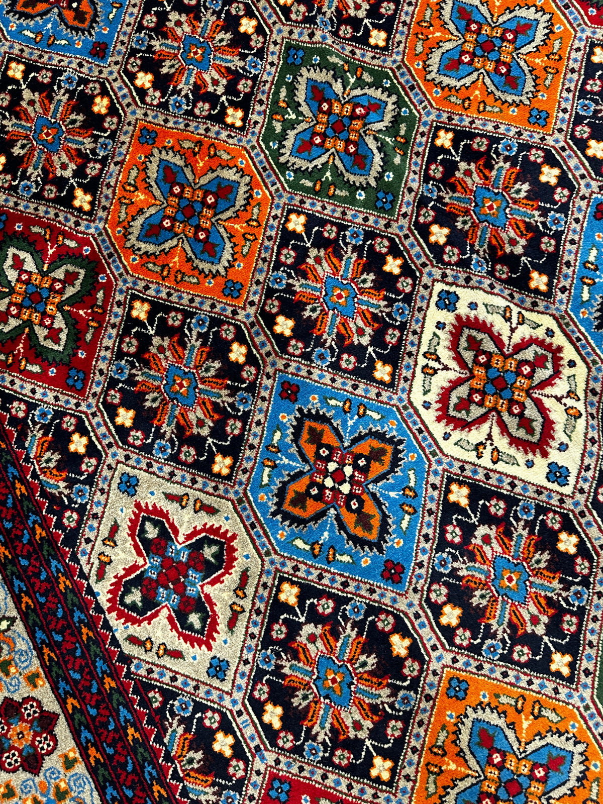 Afghan Kashi Rug 4'9" x 6'7", Hand-Knotted Wool, Blue, Cream & Red, view 4