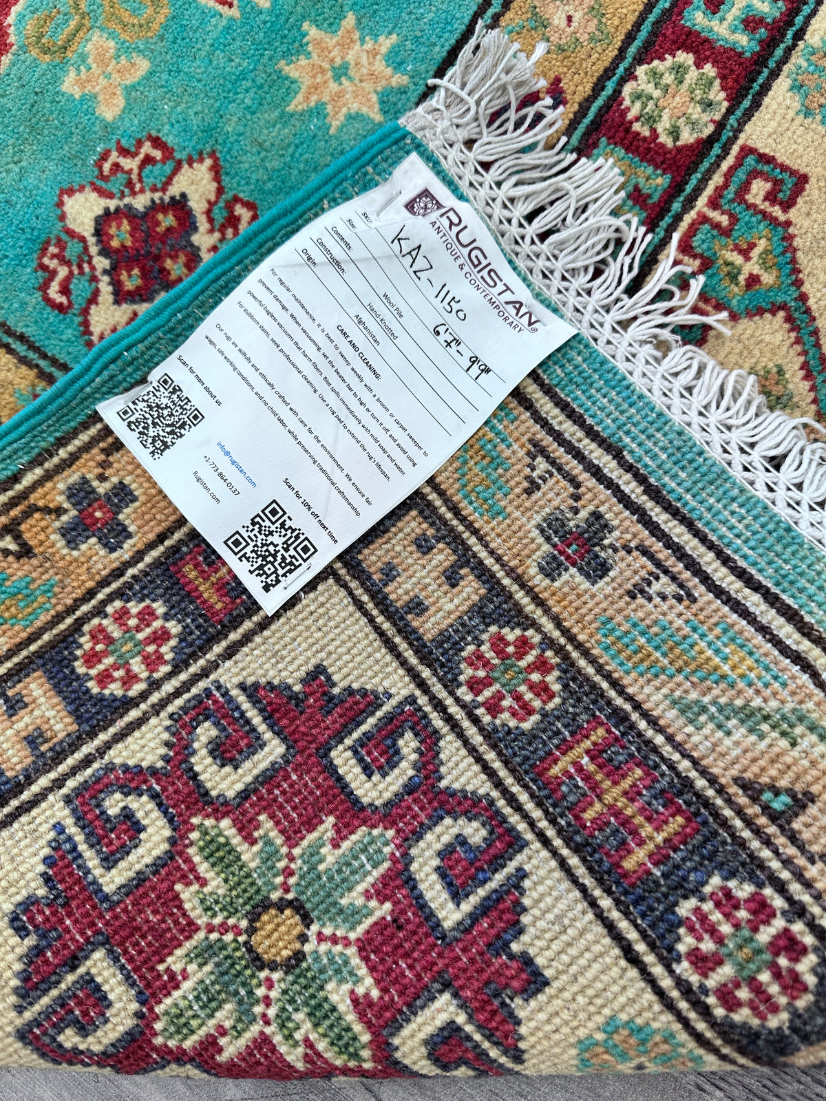 Afghan Kazak Rug 6'7" x 9'9", Hand-Knotted Wool, Blue, Red & Beige, view 6