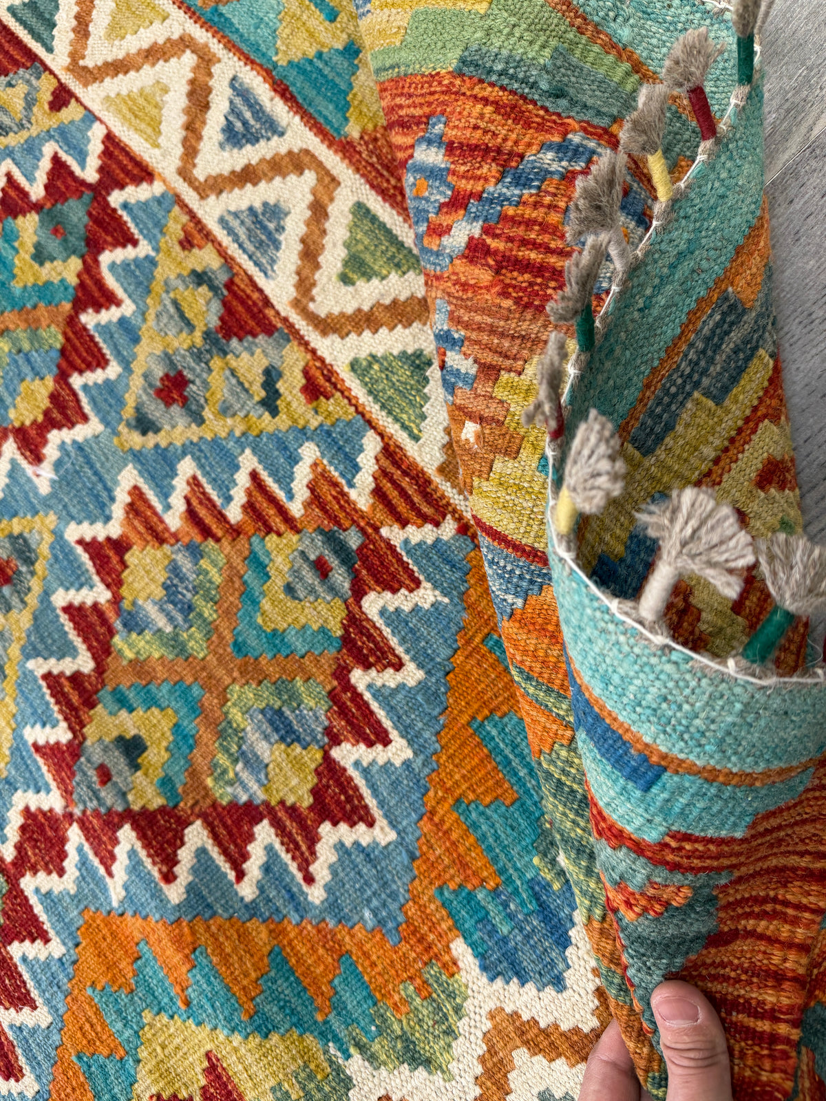 Afghan Kilim Rug 7x10, Rust, Teal & Orange, Hand-Woven Wool Flatweave, view 7