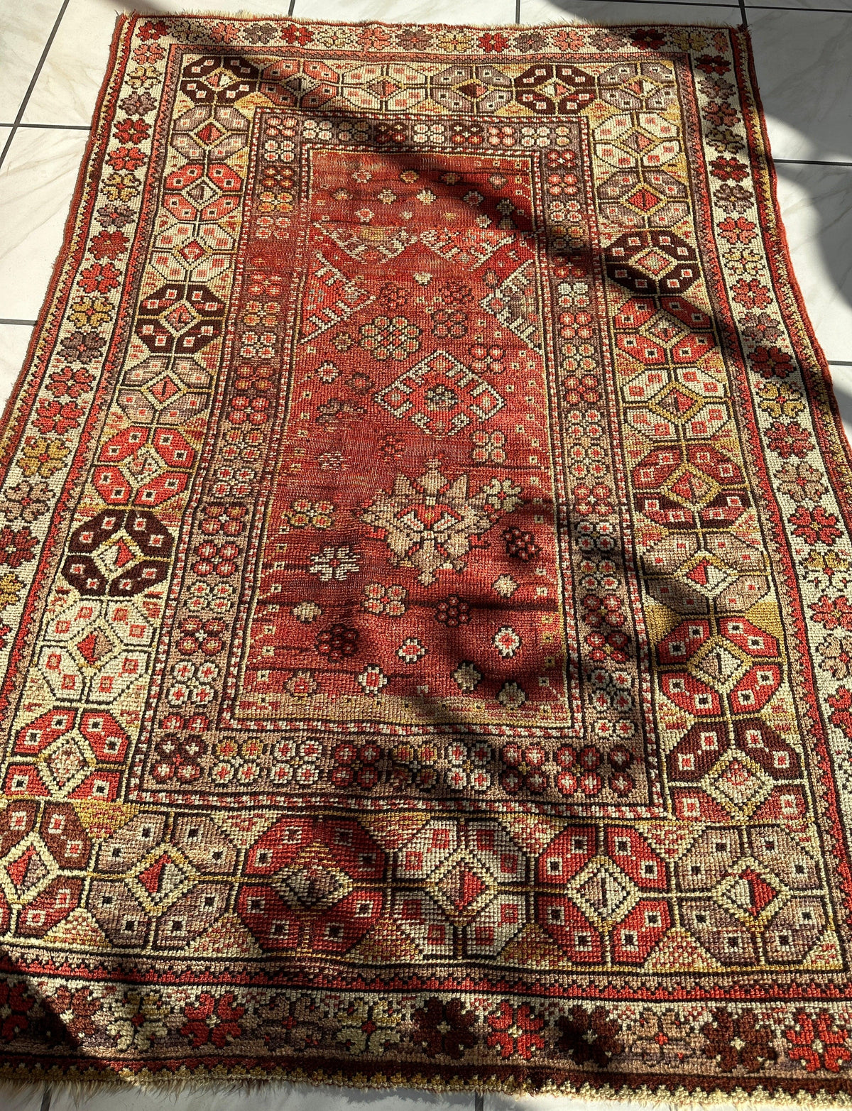 Antique Turkish Prayer Rug 4'3" x 5'11", Hand-Knotted Wool, 1920s, view 4