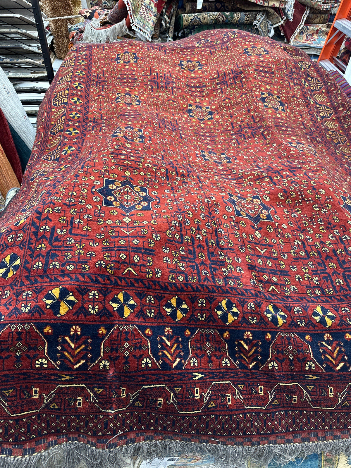 Afghan Turkmen Rug 7x9, Rust, Navy & Gold, Hand-Knotted Wool, view 10