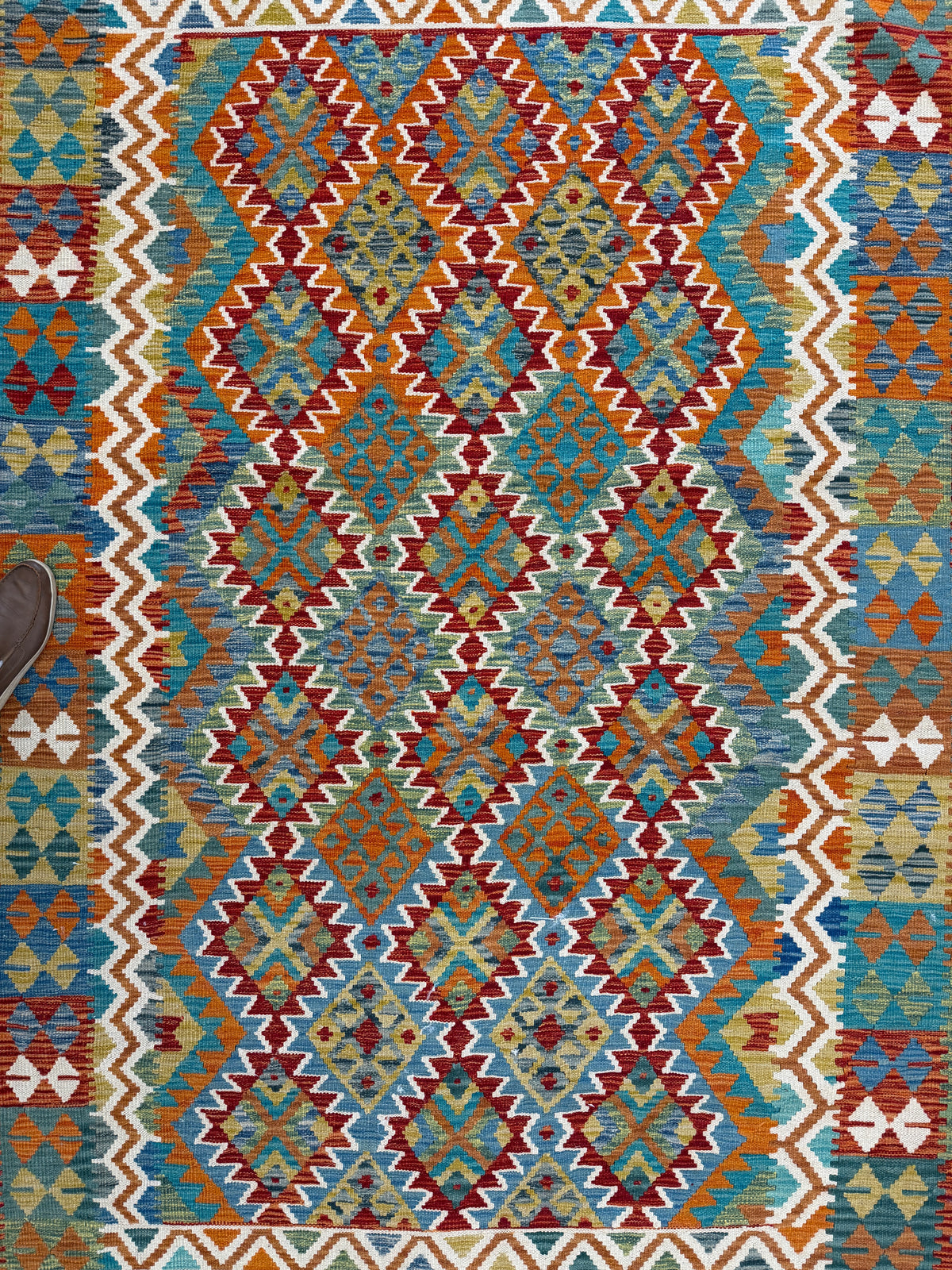 Afghan Kilim Rug 7x10, Rust, Teal & Orange, Hand-Woven Wool Flatweave, view 4
