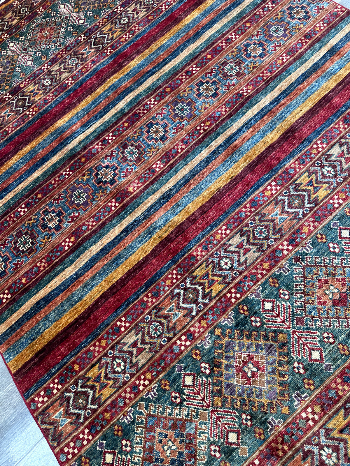 Afghan Khorjin Rug 4'11" x 6'10", Hand-Knotted Wool, Red, Blue & Green, view 5