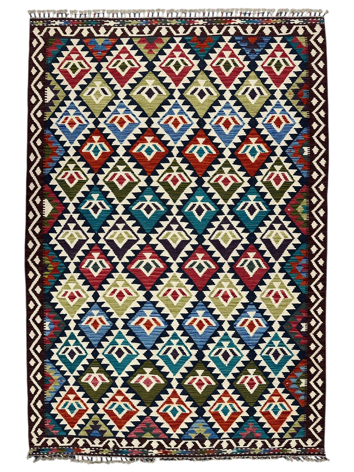 Afghan Kilim Rug 6x8, Navy, Ivory & Rust, Diamond Lattice Wool Flatweave