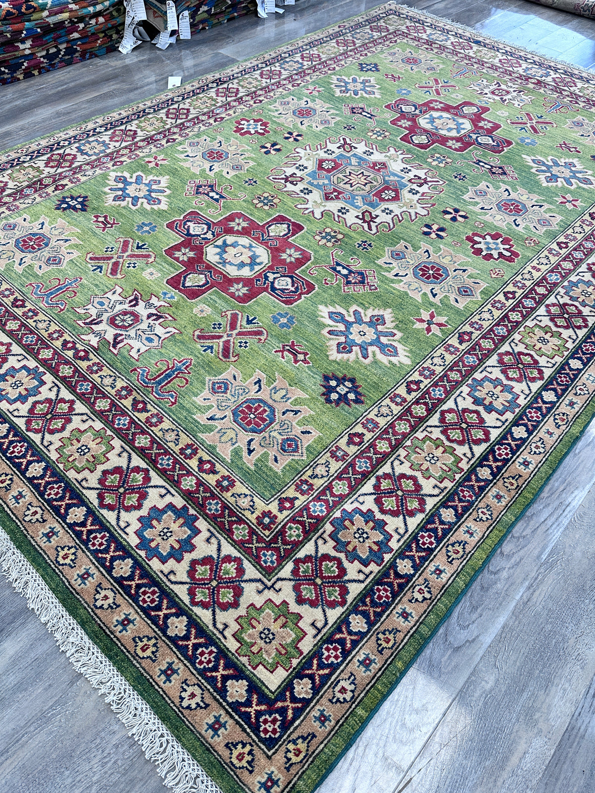 Afghan Kazak Rug 6'7" x 9'9", Hand-Knotted Wool, Cream & Green, view 5