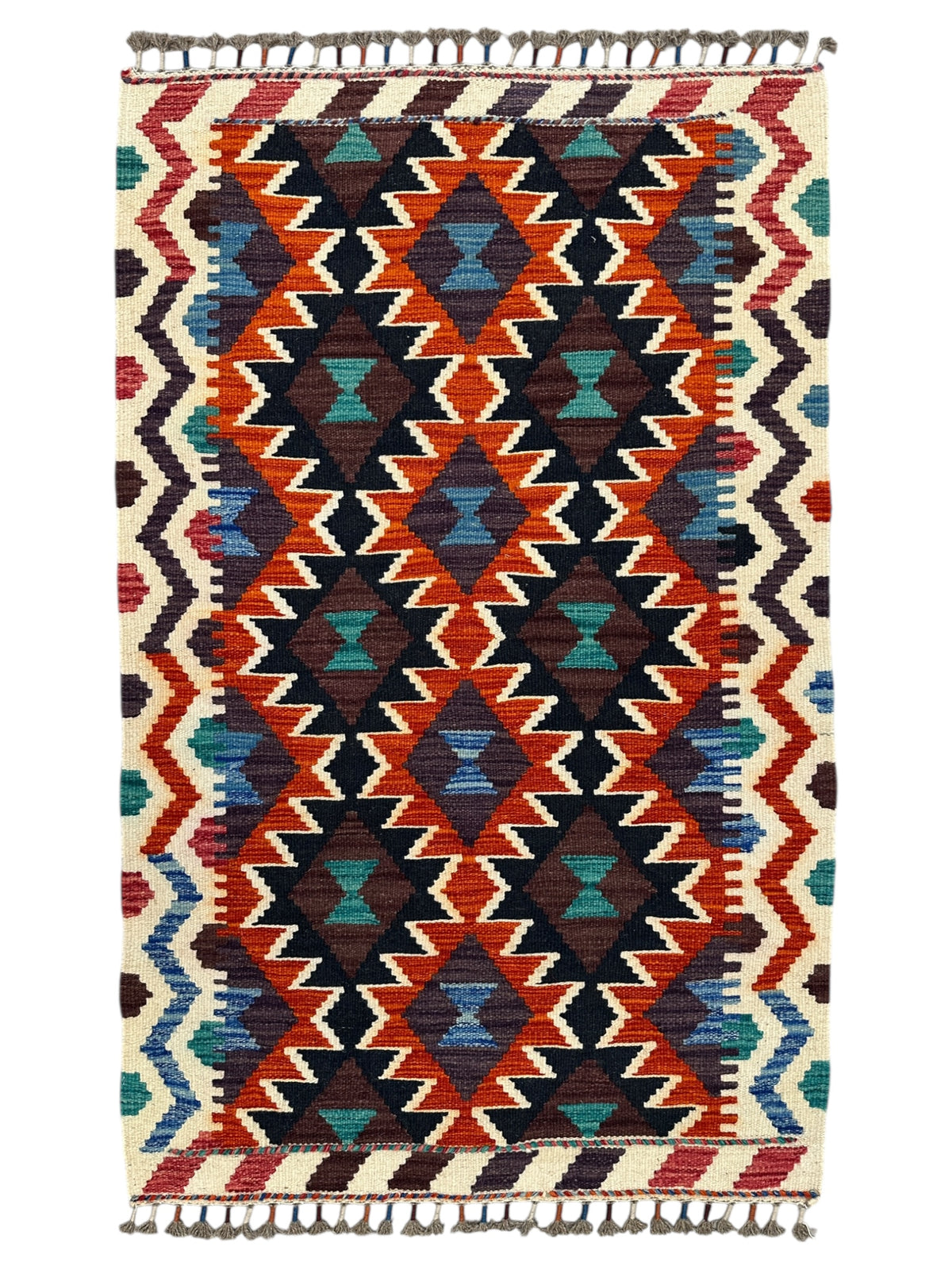Afghan Kilim Rug 3x4, Rust, Navy & Ivory, Diamond Lattice Wool Flatweave, Blue Accents