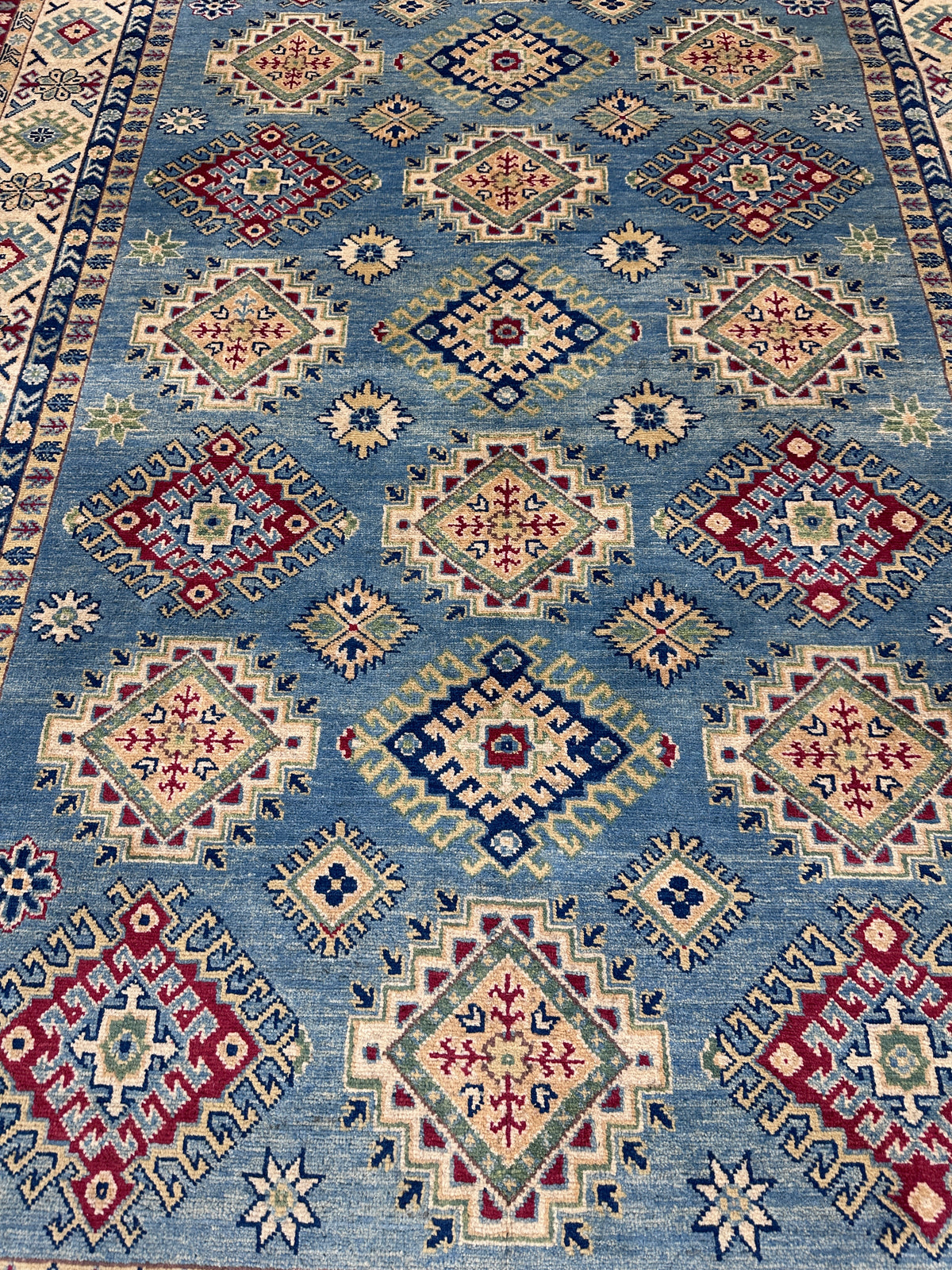 Afghan Kazak Rug 7x10, Light Blue, Ivory & Red, Hand-Knotted Wool, view 7