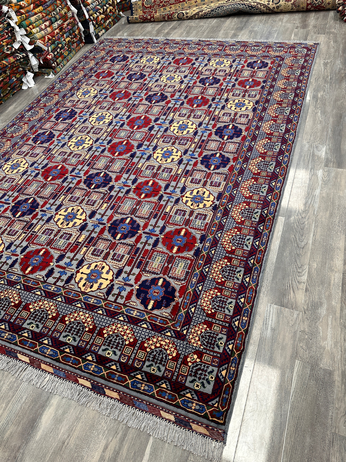 Afghan Gandom Rug 8'2" x 11'6", Hand-Knotted Wool, Red, Beige & Navy, view 4