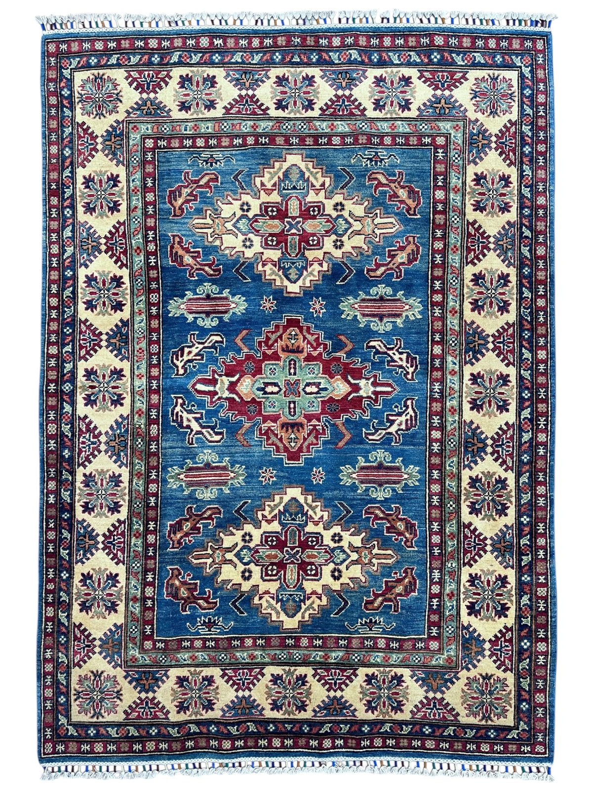 Afghan Kazak Rug 5' x 7', Hand-Knotted Wool, Blue & Red