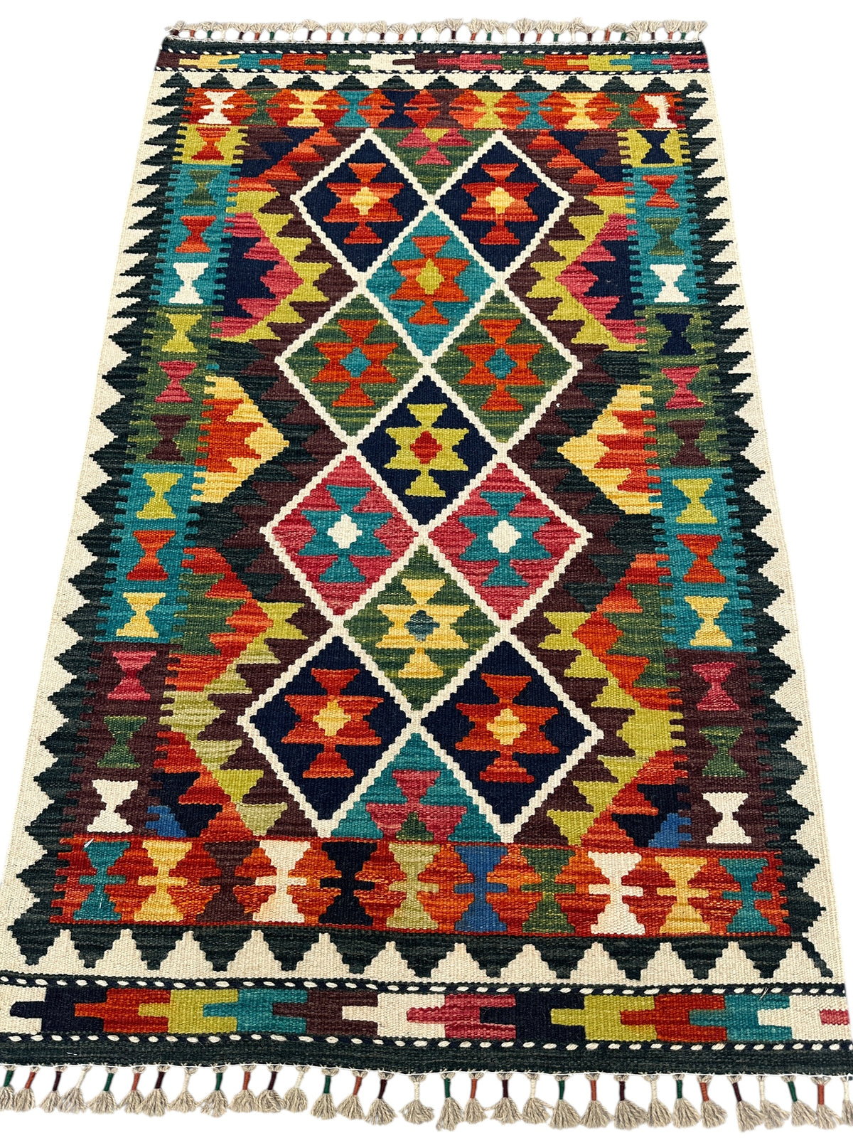Afghan Kilim Rug 3x4, Black, Teal & Rust, Hand-Woven Wool Flatweave, view 3
