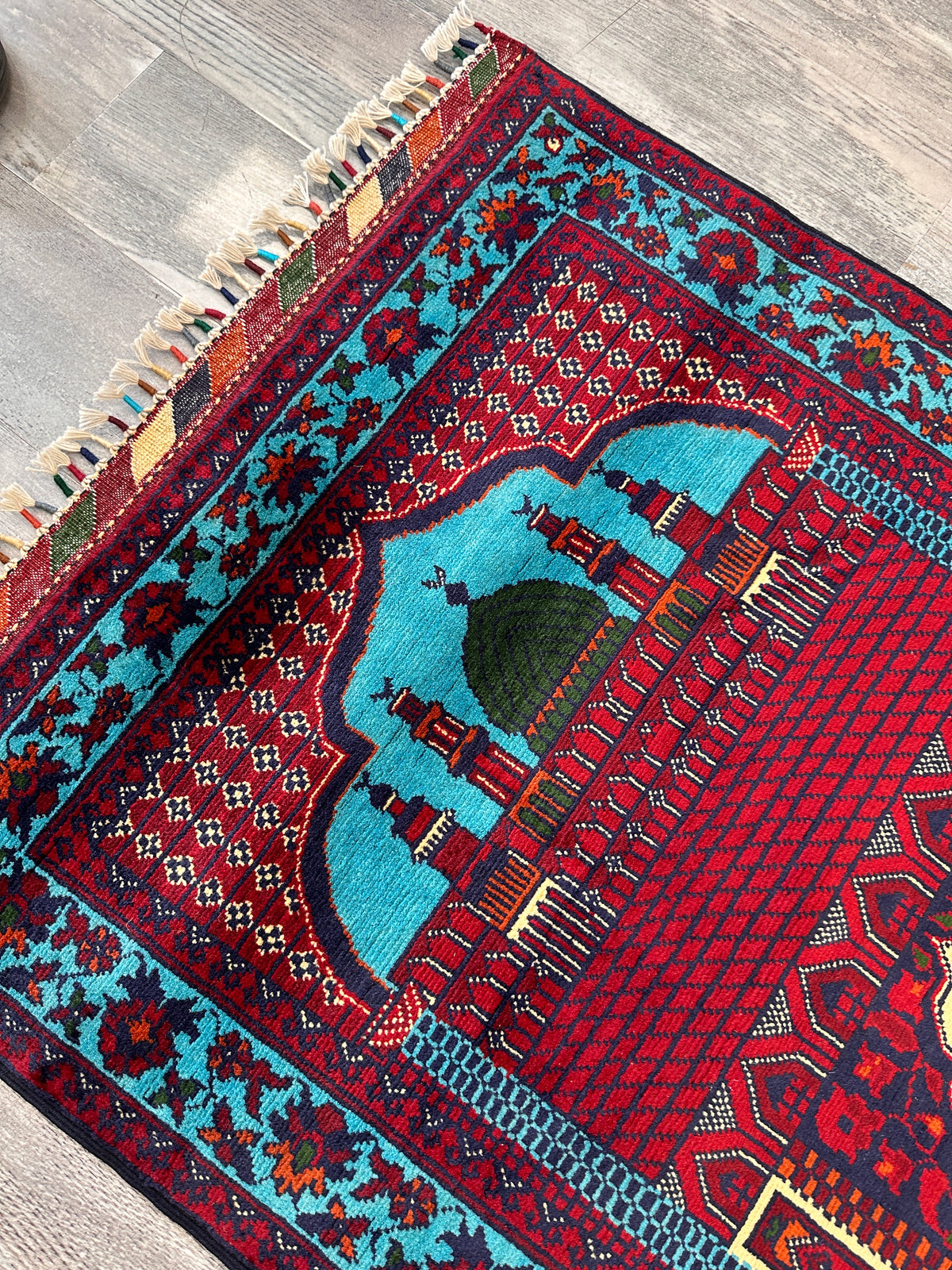 Afghan Prayer Rug 2'9" x 4'3", Hand-Knotted Wool, Red, Blue & Ivory, view 3