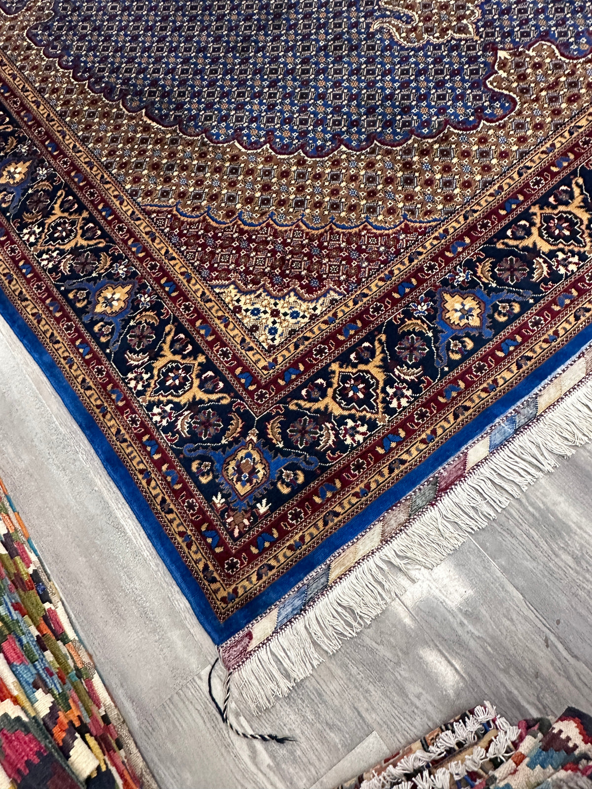 Afghan Tabriz Rug 8x11, Light Blue, Navy & Gold, Hand-Knotted Wool, view 5