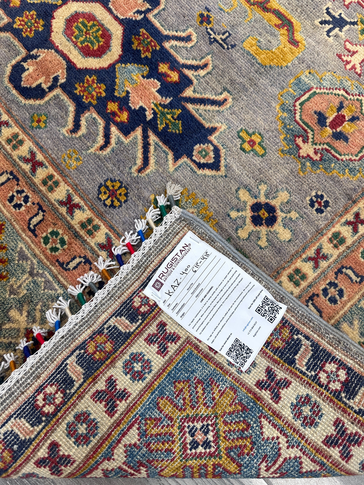 Afghan Kazak Rug 4'11" x 6'11", Hand-Knotted Wool, Gray, Navy & Ivory, view 7