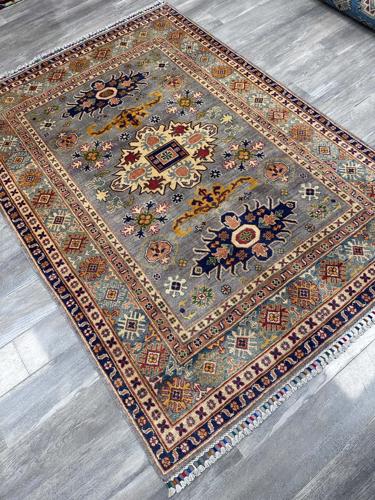 Afghan Kazak Rug 4'11" x 6'11", Hand-Knotted Wool, Gray, Navy & Ivory, view 4