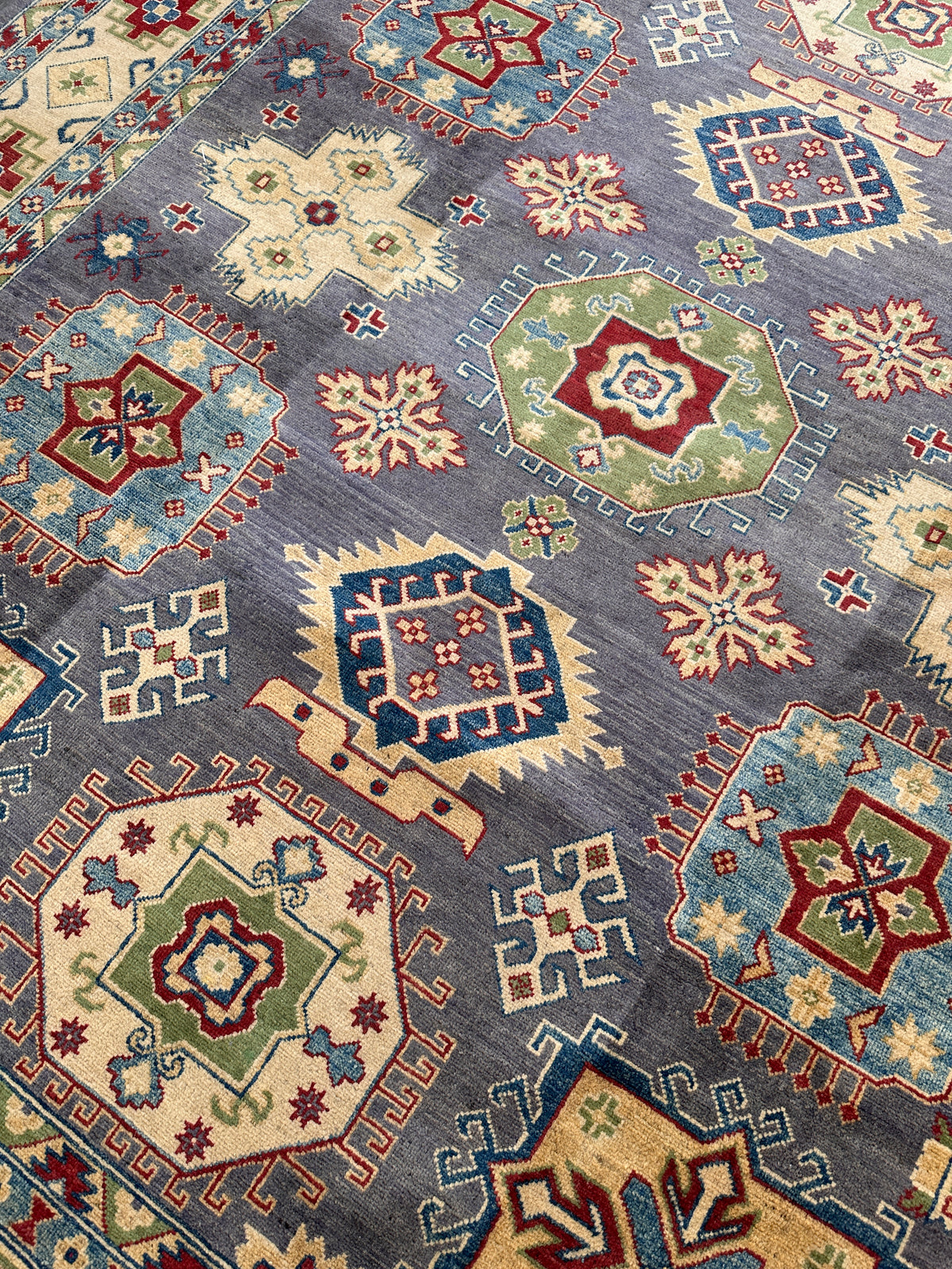 Afghan Kazak Rug 8x10, Gray, Gold & Light Blue, Hand-Knotted Wool, view 6