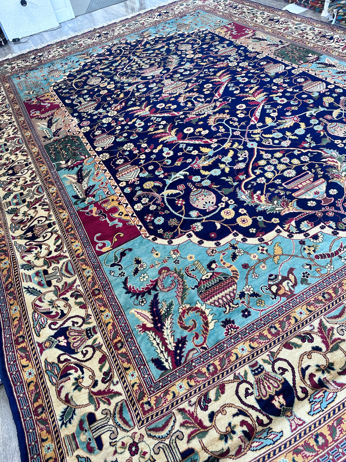 Afghan Rug 10x13, Navy, Light Blue & Ivory, Hand-Knotted Wool, view 5