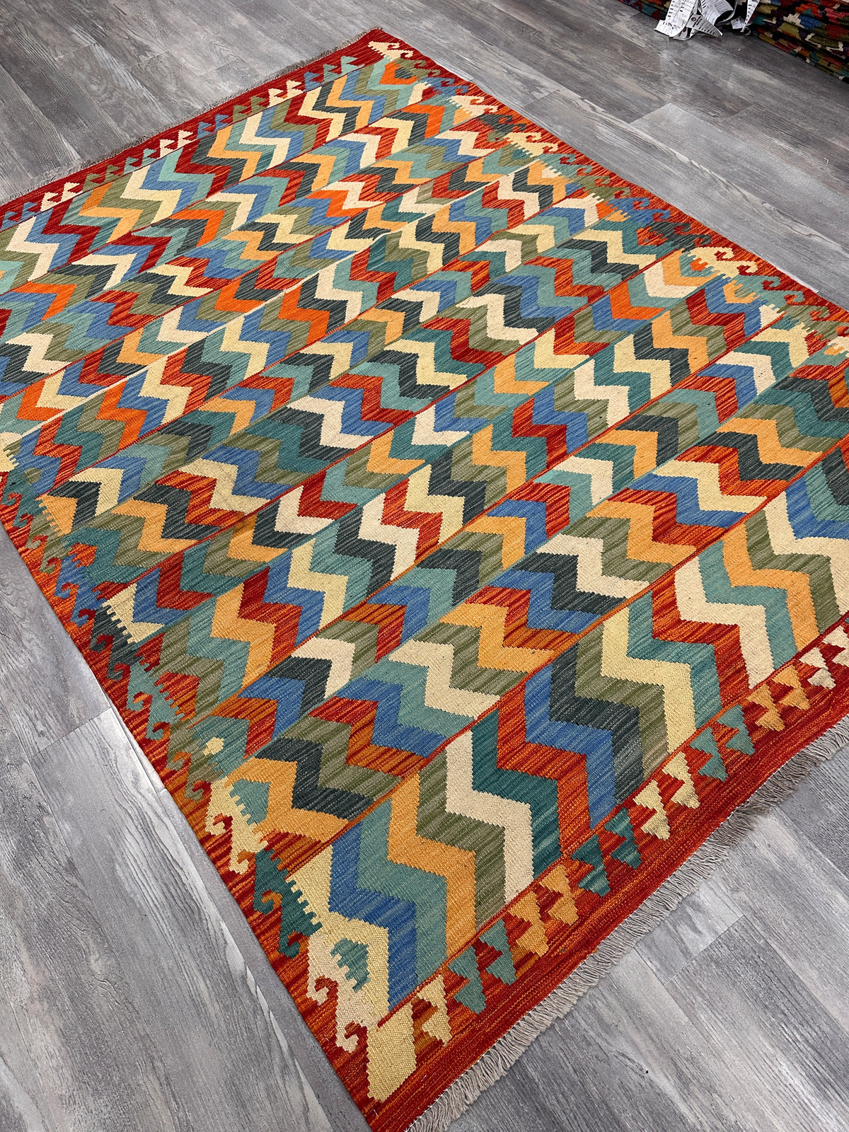 Afghan Kilim Rug 6x8, Red, Blue & Teal, Hand-Woven Wool Flatweave, view 4