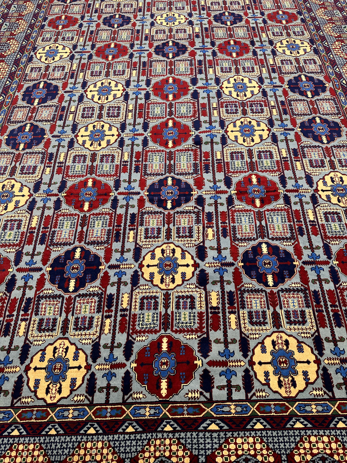 Afghan Gandom Rug 8'2" x 11'6", Hand-Knotted Wool, Red, Beige & Navy, view 6