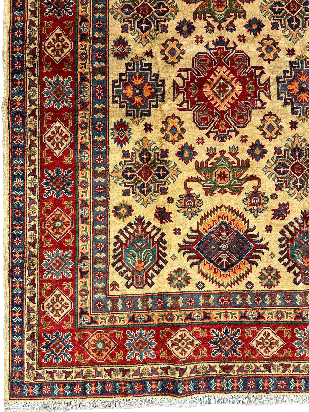 Afghan Kazak Rug 5x7, Gold, Red & Navy, Hand-Knotted Wool, view 4