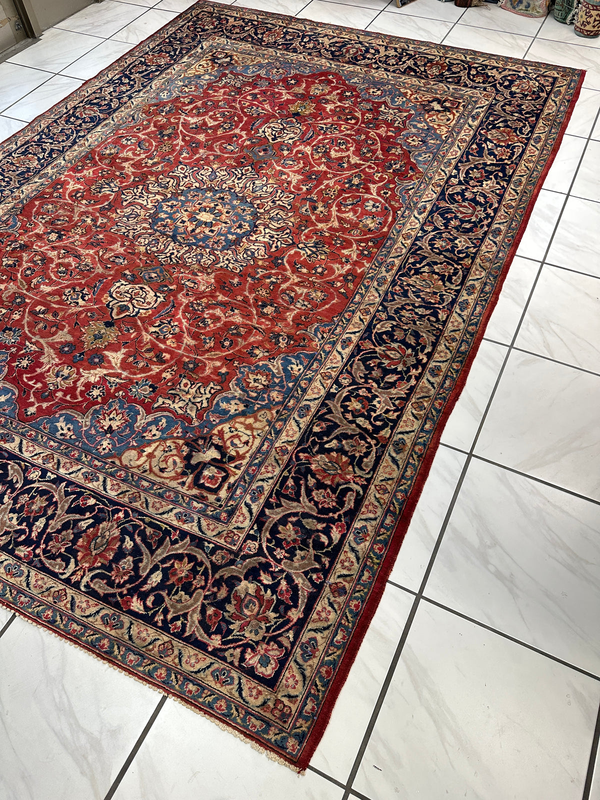 Vintage Persian Kashan Rug 8' x 11'3", Hand-Knotted Wool, Red & Navy, view 7