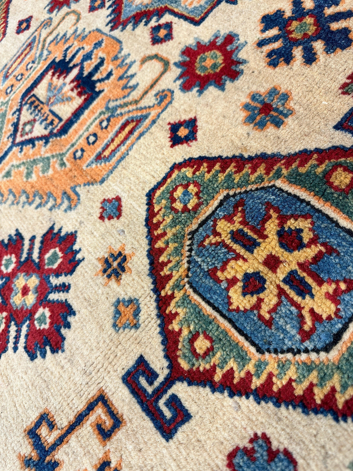 Afghan Super Kazak Rug 4'11" x 6'11", Hand-Knotted Wool, Red & Beige, view 4
