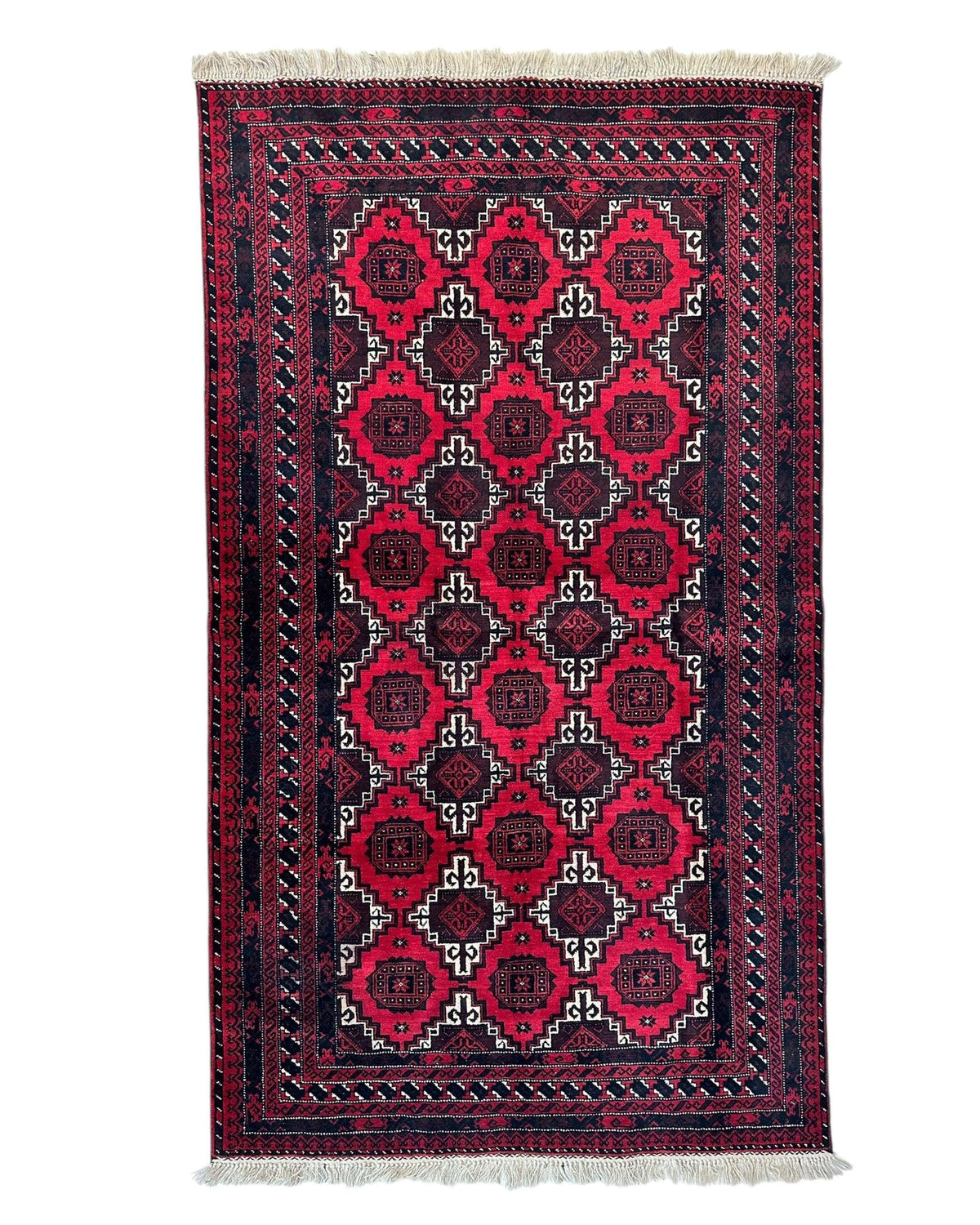 Afghan Baluch Rug 3x7 | Red, Navy & Ivory | Hand-Knotted Wool | 3'1" x 6'9"
