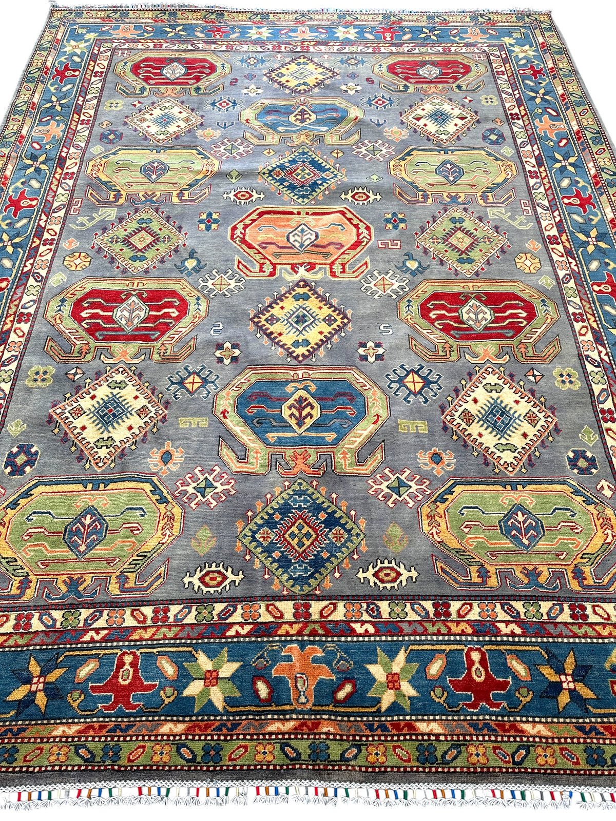 Afghan Kazak Rug 8'3" x 10'8", Hand-Knotted Wool, Navy, Red & Green, view 3