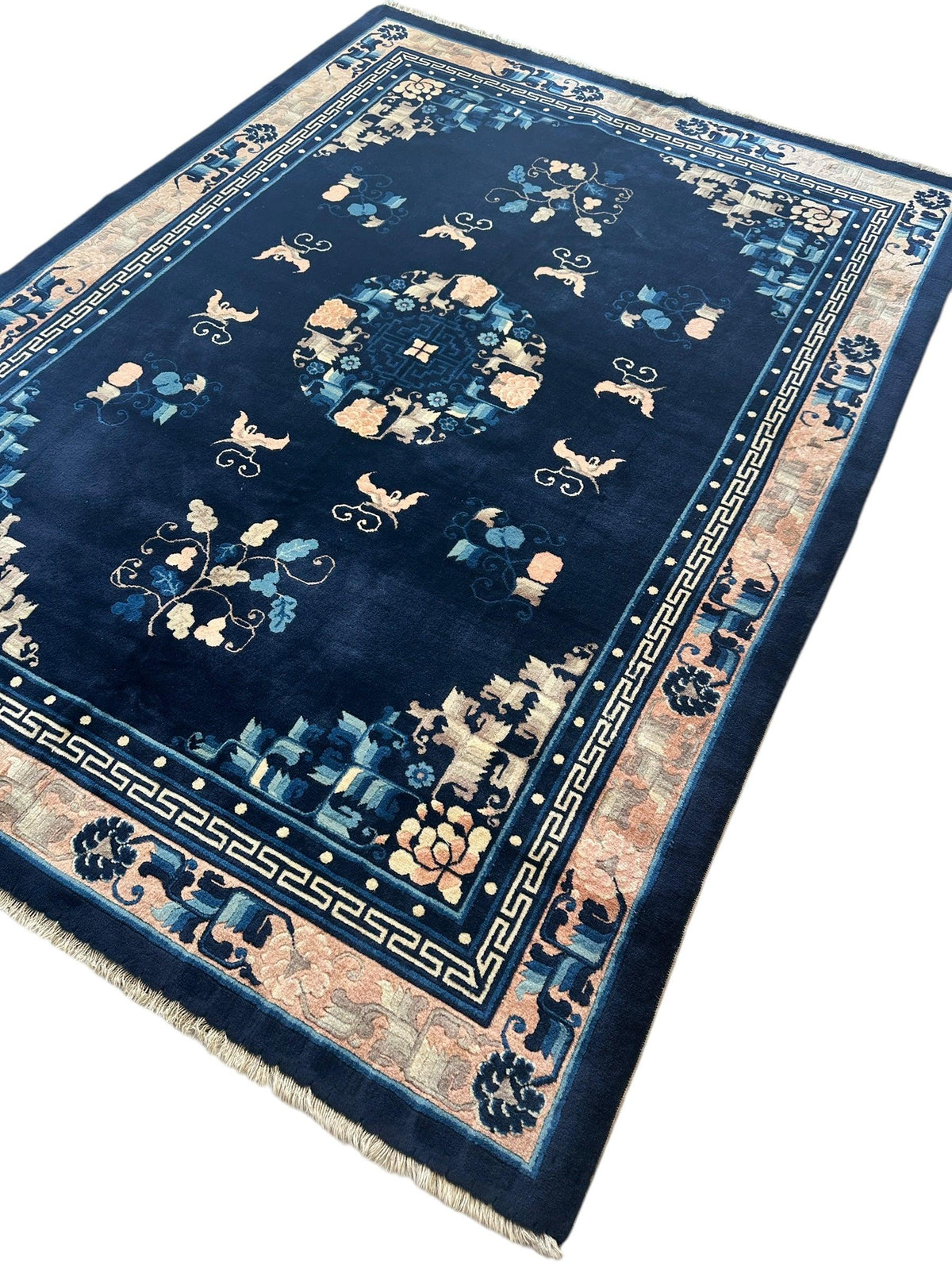 Antique Chinese Rug 5'6" x 7'6", Hand-Knotted Wool, Navy & Cream, view 7