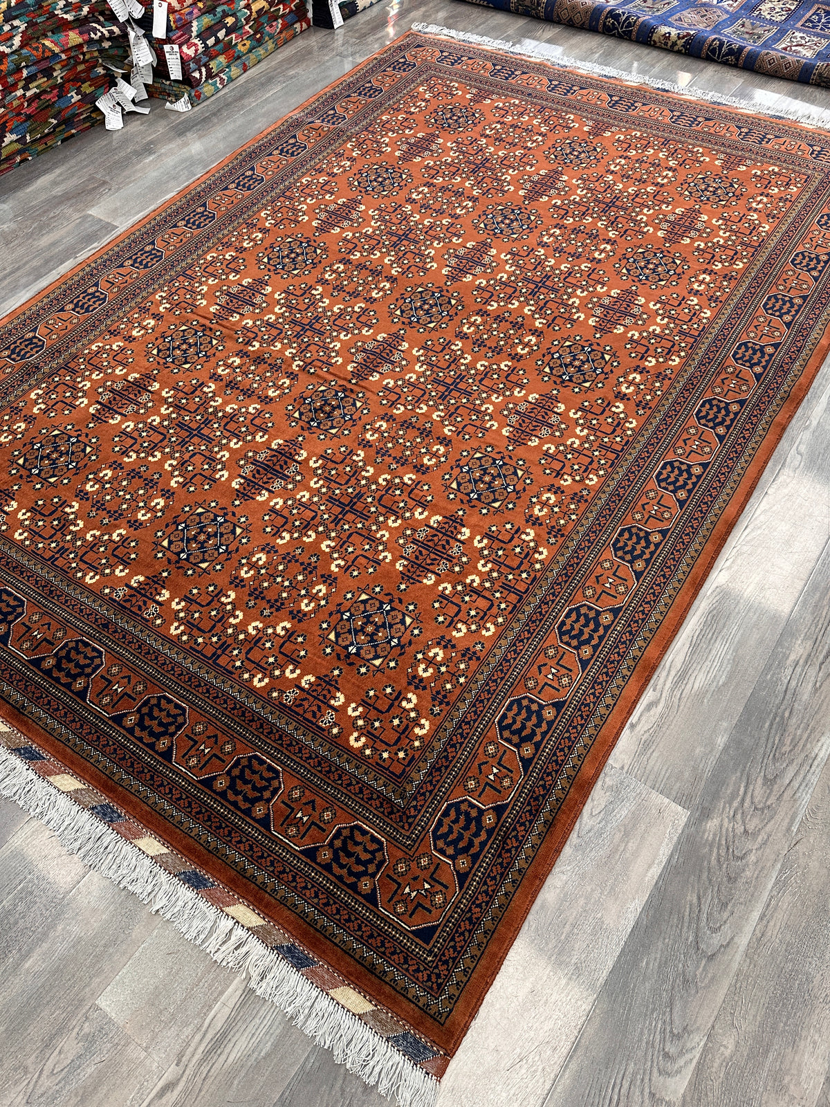 Afghan Turkmen Rug 7x10, Orange, Navy & Ivory, Hand-Knotted Wool, view 5