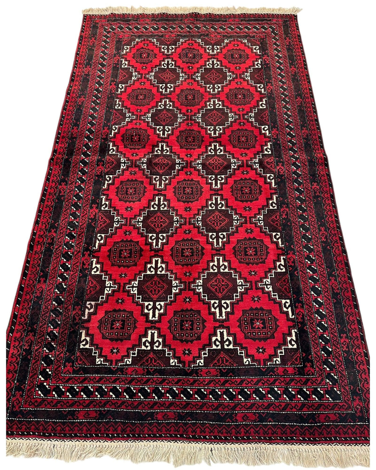 Afghan Baluch Rug 3x7 | Red, Navy & Ivory | Hand-Knotted Wool | View 3