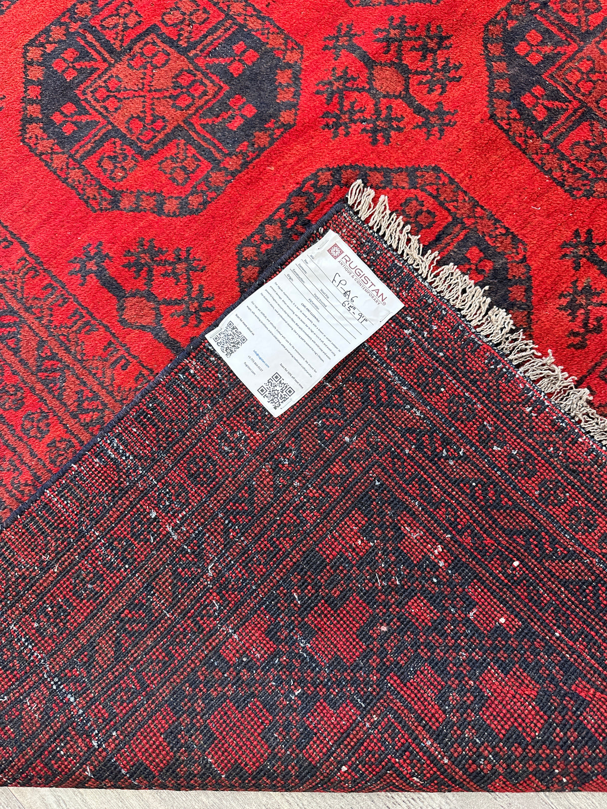 Afghan Bukhara Rug 6'5" x 9'1", Hand-Knotted Wool, Red & Blue, view 6
