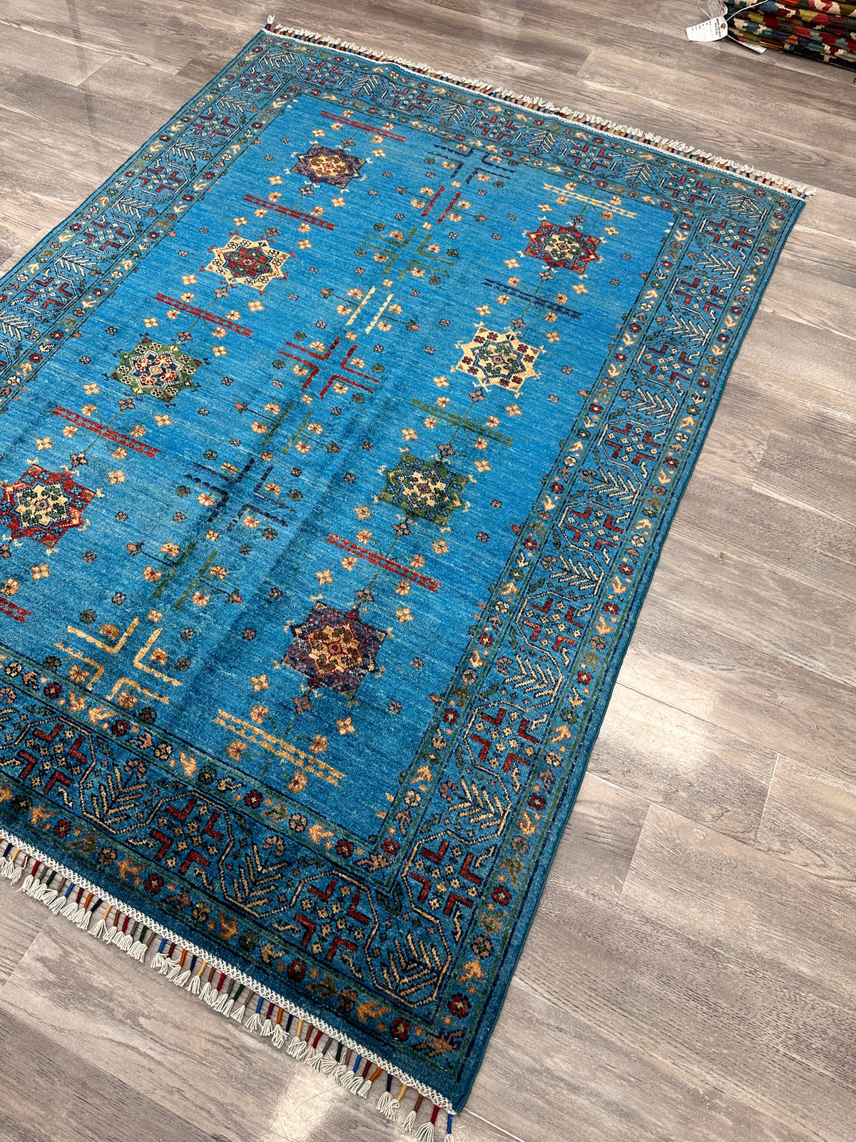 Afghan Chobi Rug 4'10" x 6'7", Hand-Knotted Wool, Blue, Red & Green, view 6