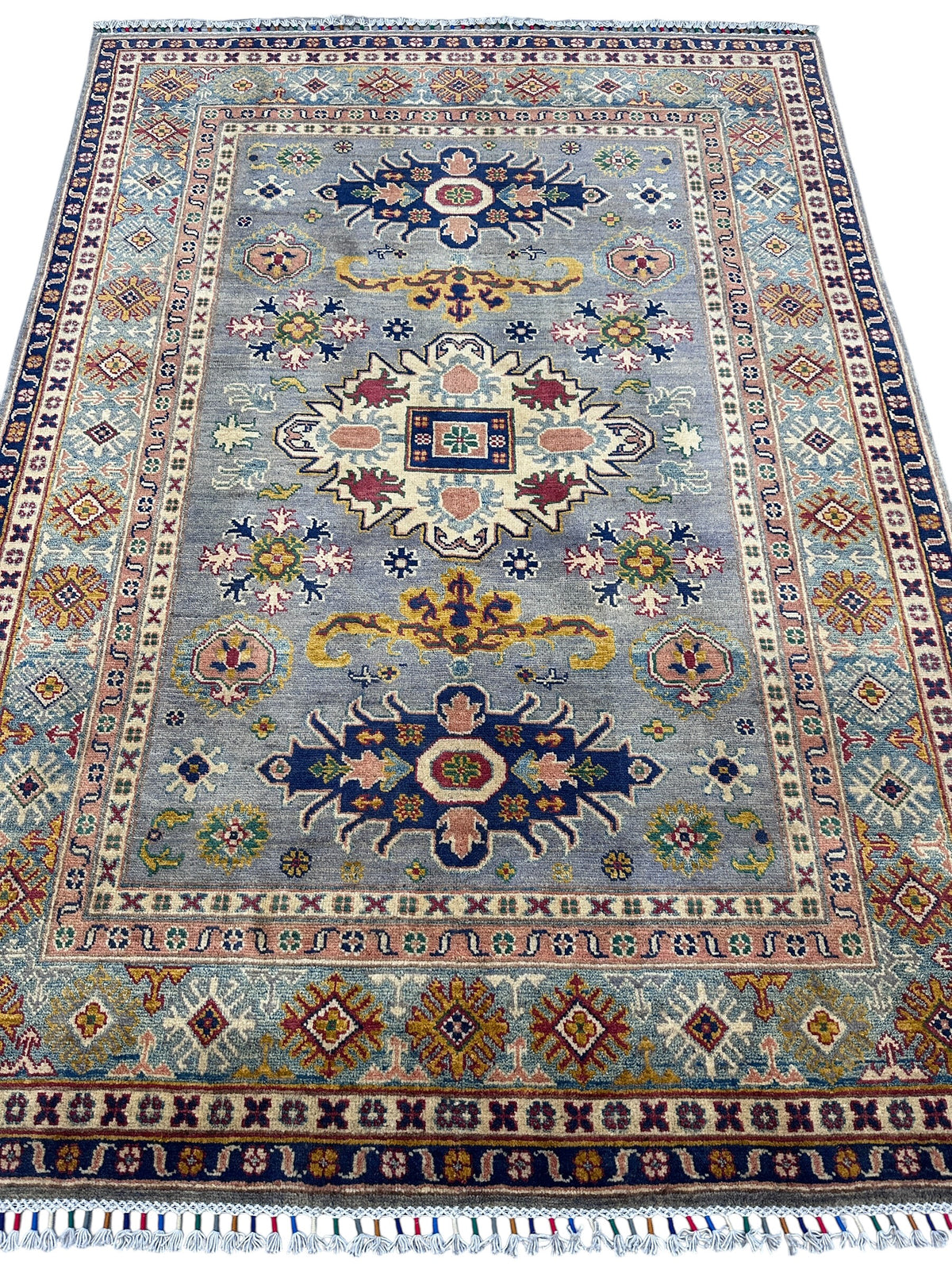 Afghan Kazak Rug 4'11" x 6'11", Hand-Knotted Wool, Gray, Navy & Ivory, view 3