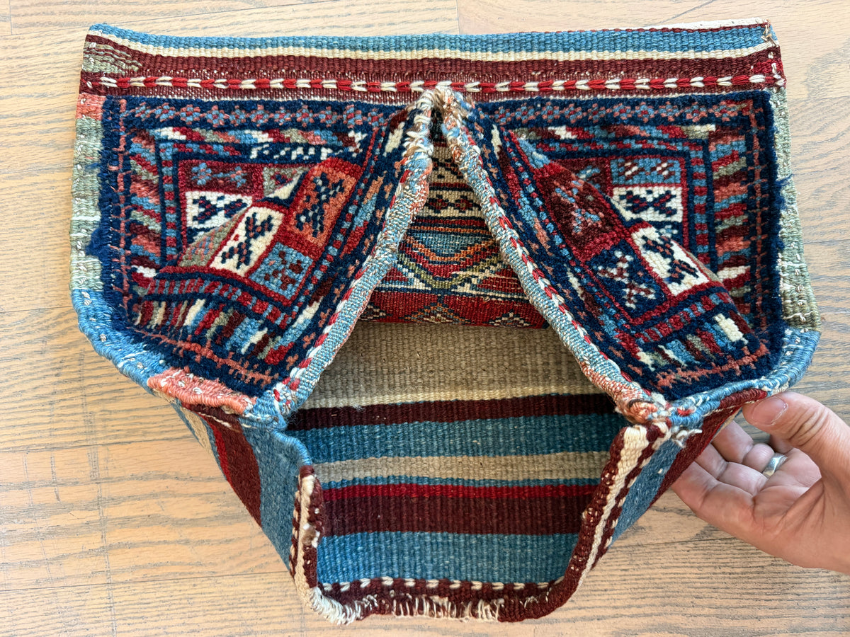 Antique Caucasian Pile Bag 13” x 13” | Burgundy, Light Blue & Ivory | Hand-Knotted Wool