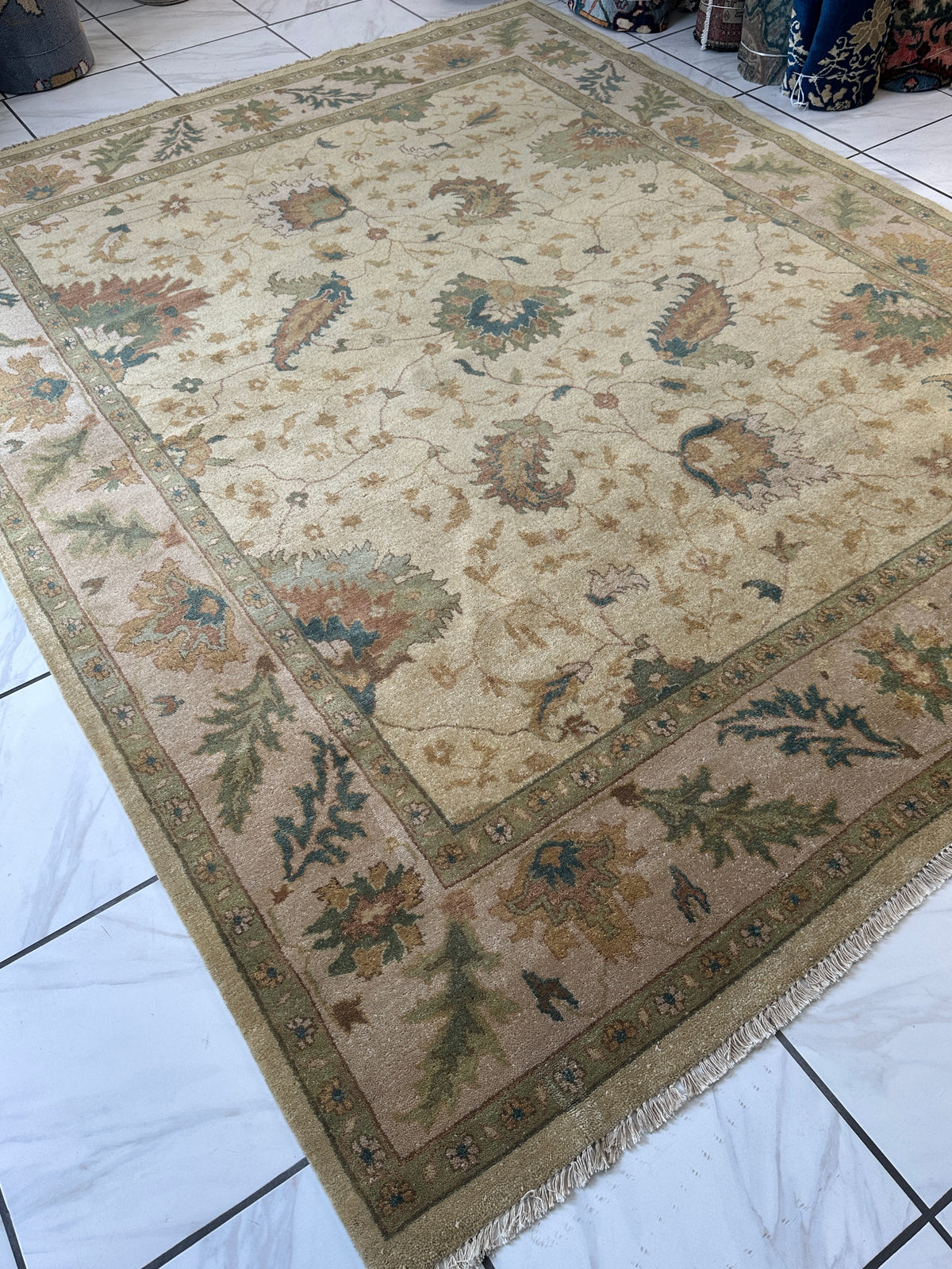 Indian Oushak Rug 7'9" x 9'9", Hand-Knotted Wool, Ivory & Beige, view 3