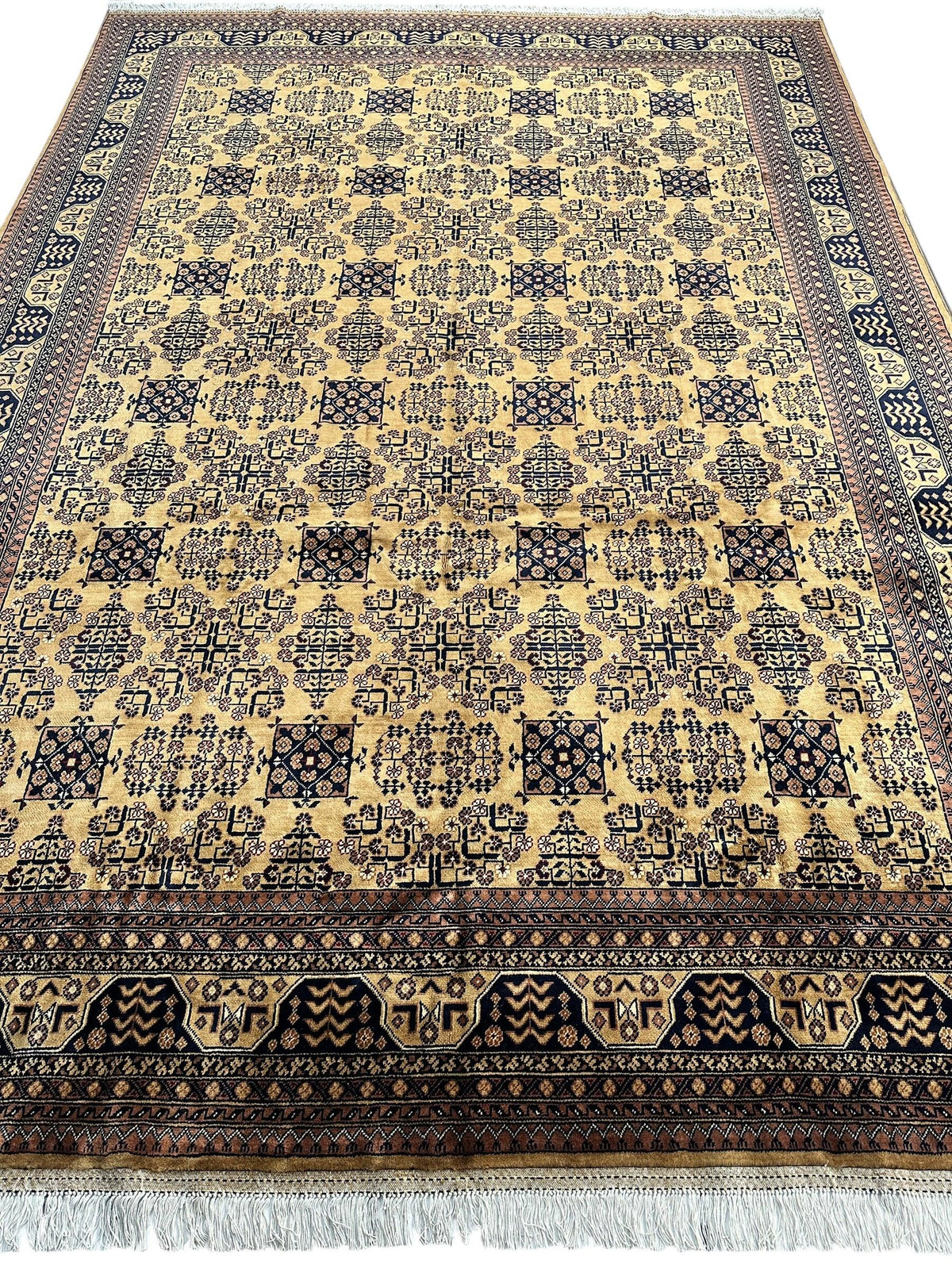 Afghan Turkmen Rug 8x12, Gold, Navy & Ivory, Hand-Knotted Wool, view 3