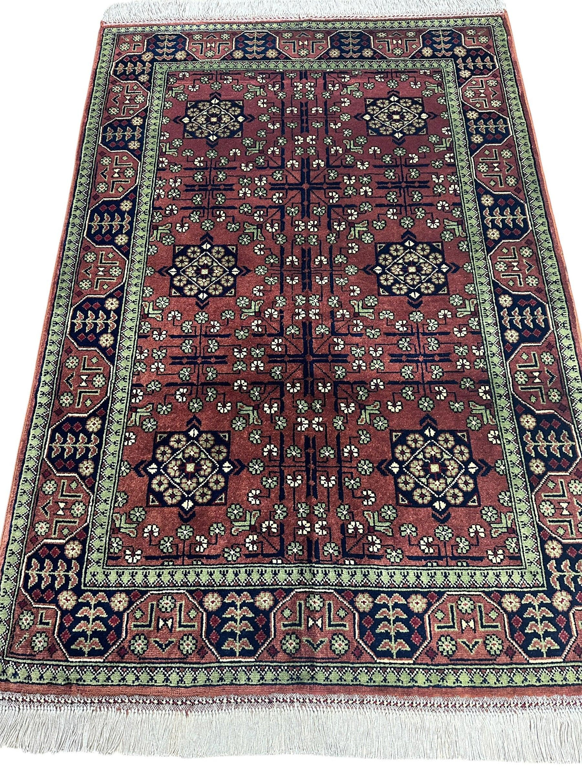 Afghan Bukhara Rug 3'4" x 4'11", Hand-Knotted Wool, Brown, view 3