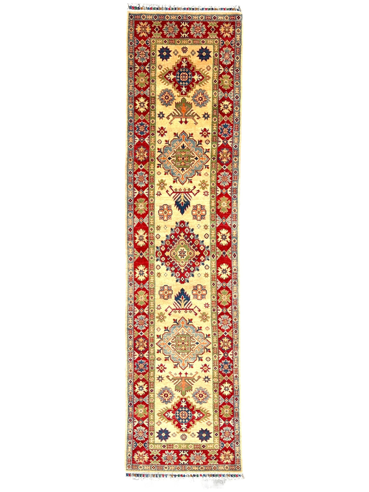 Afghan Kazak Runner 2'7" x 10'1", Hand-Knotted Wool, Cream, Red & Blue