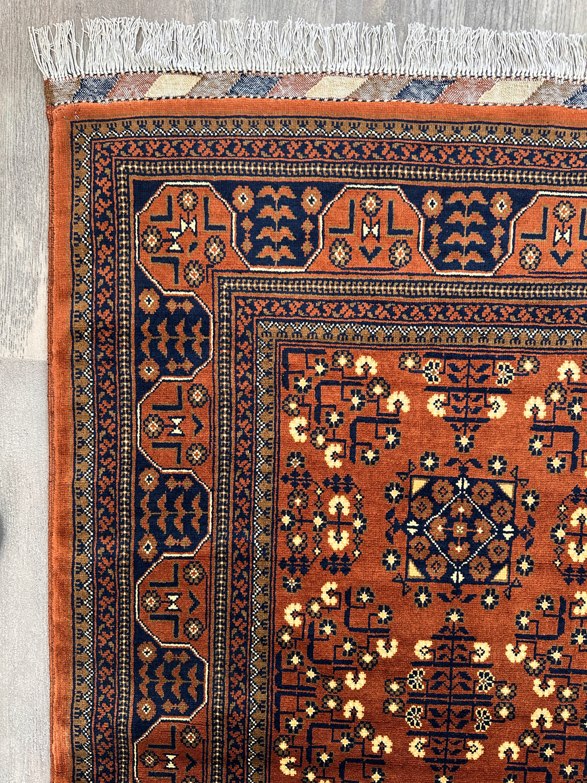 Afghan Turkmen Rug 7x10, Orange, Navy & Ivory, Hand-Knotted Wool, view 8