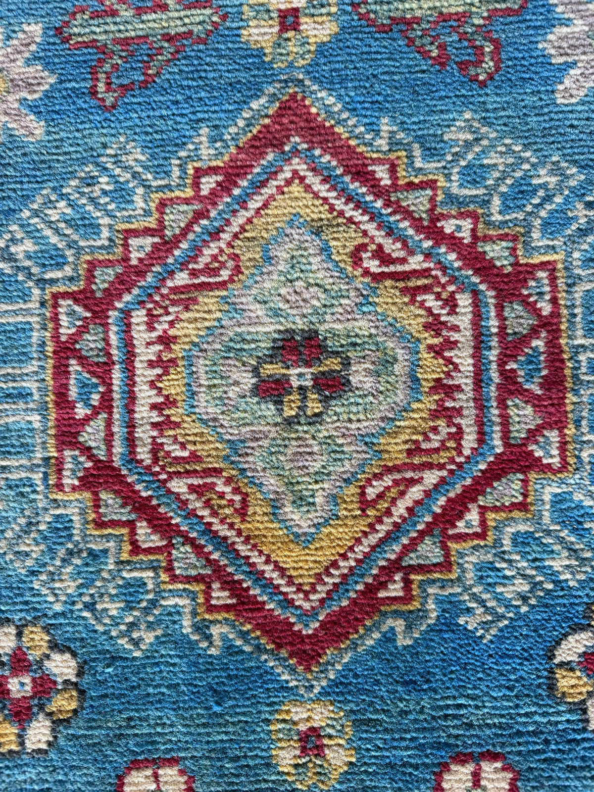 Afghan Kazak Hand-Knotted Wool Runner Rug - Sky Blue & Red