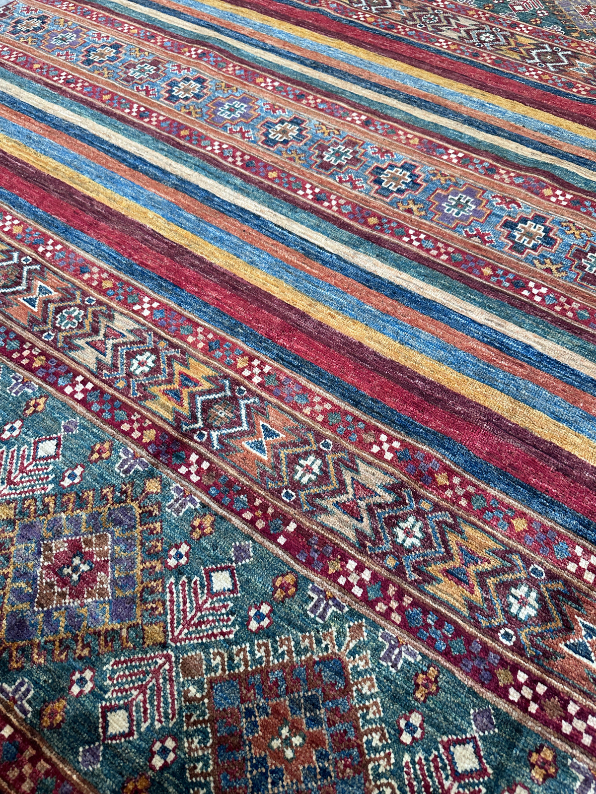 Afghan Khorjin Rug 4'11" x 6'10", Hand-Knotted Wool, Red, Blue & Green, view 7