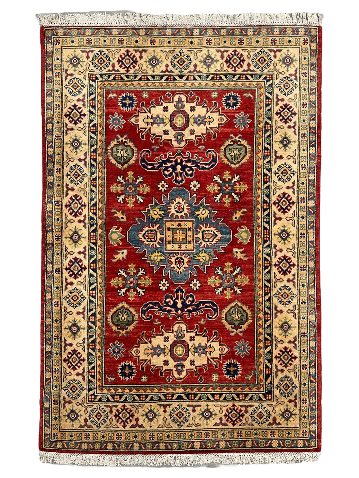 Afghan Kazak Rug 4'1" x 5'10", Hand-Knotted Wool, Red, Navy & Ivory