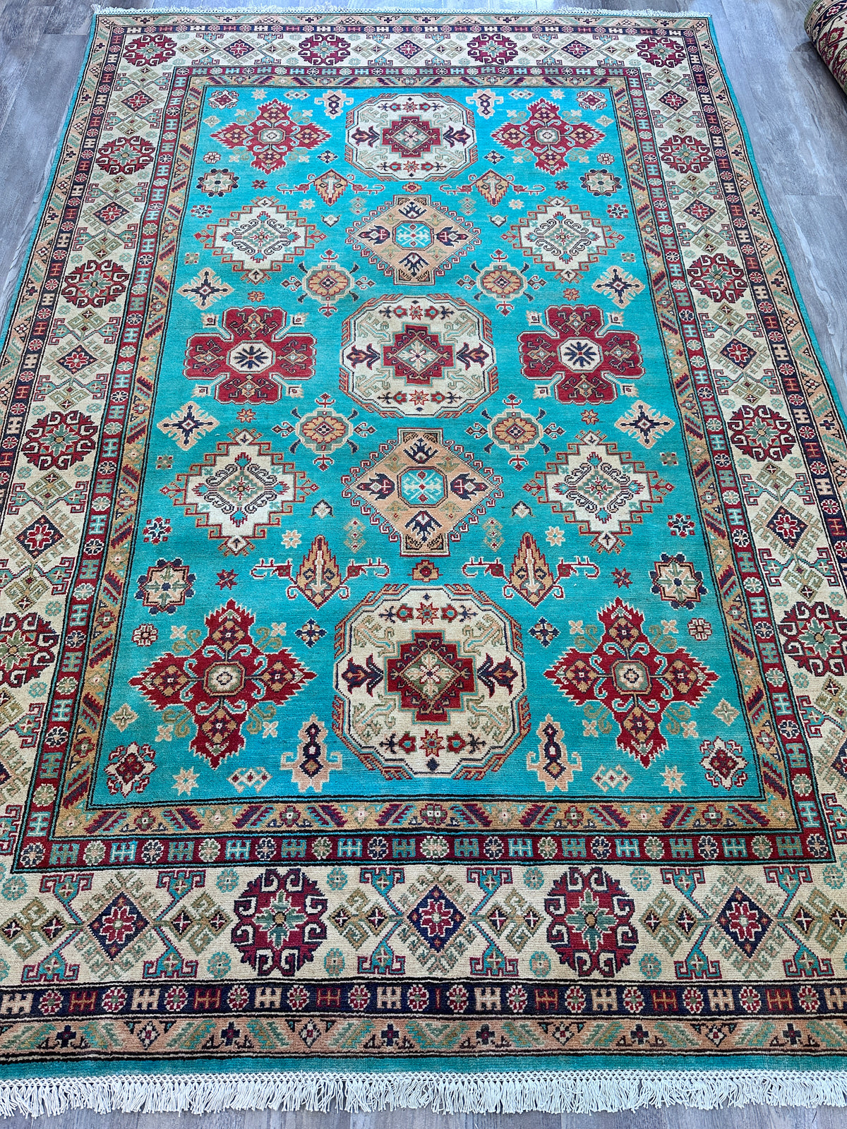 Afghan Kazak Rug 6'7" x 9'9", Hand-Knotted Wool, Blue, Red & Beige, view 3