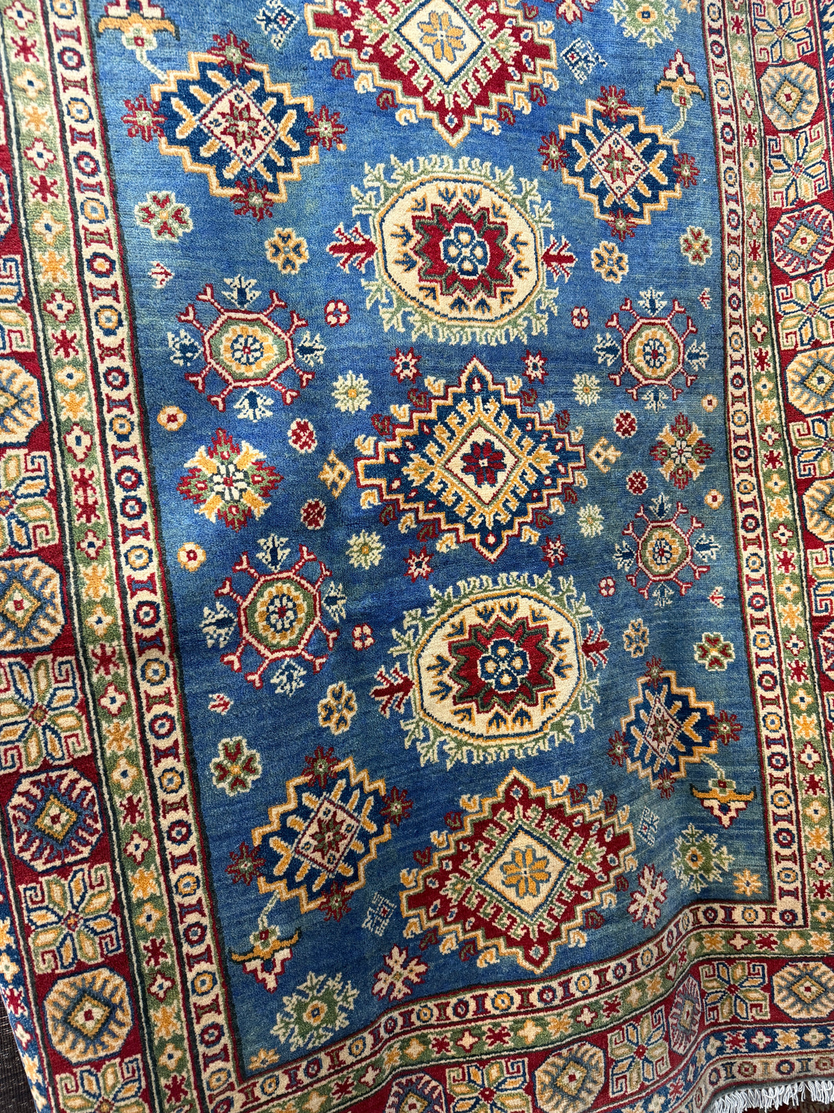 Afghan Kazak Rug 5'6" x 7'7", Hand-Knotted Wool, Blue, Red & Beige, view 2