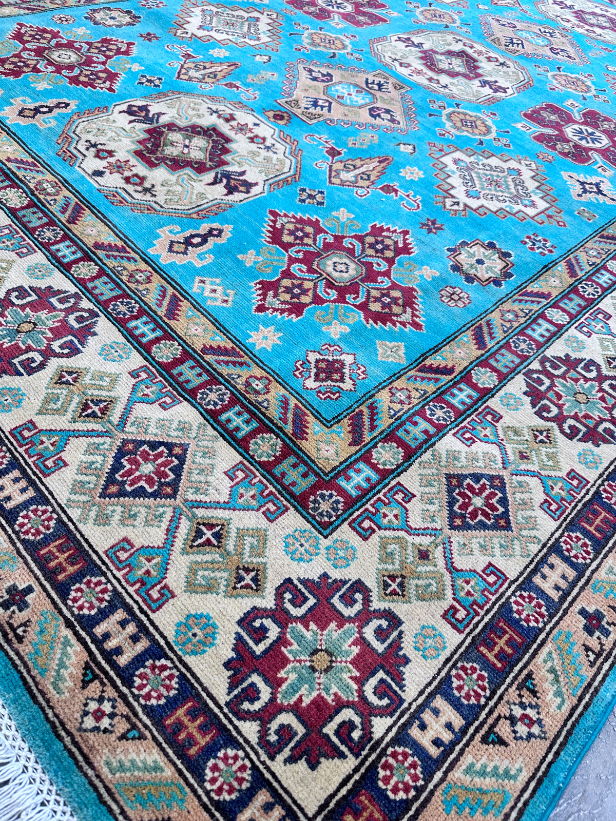 Afghan Kazak Rug 6'7" x 9'9", Hand-Knotted Wool, Blue, Red & Beige, view 5