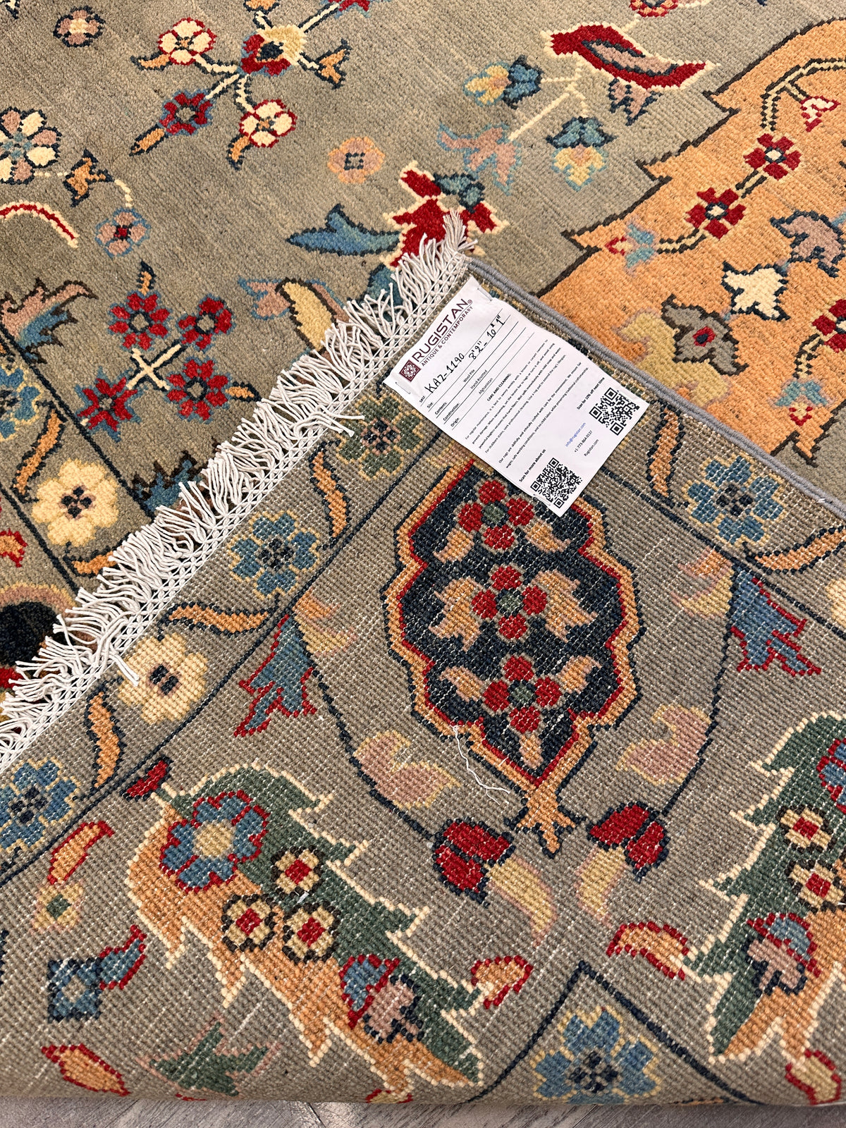 Afghan Kazak Rug 8x10, Gray, Orange & Navy, Hand-Knotted Wool, view 7